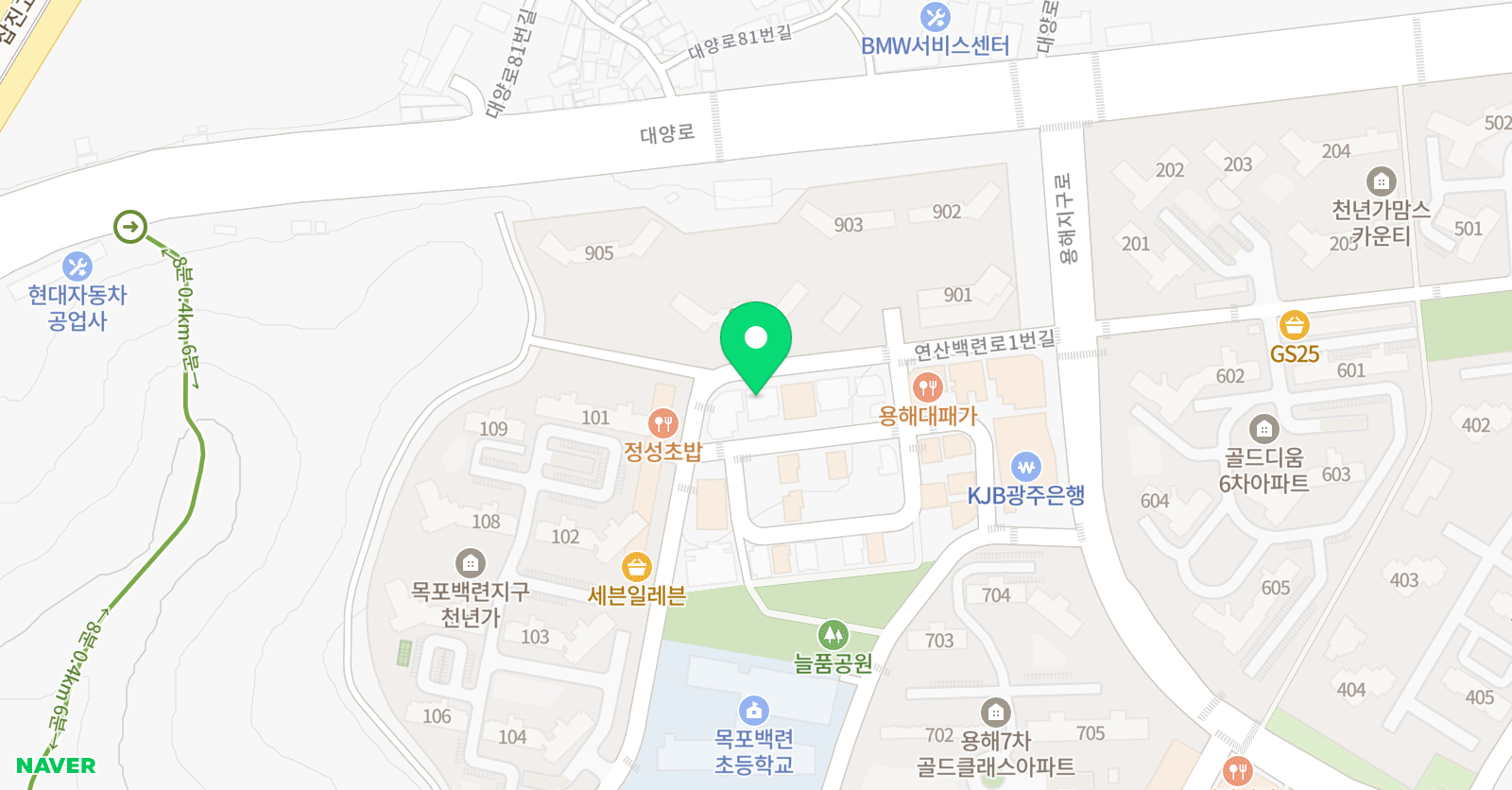 오르다샘앤클래스 백련 학원 위치